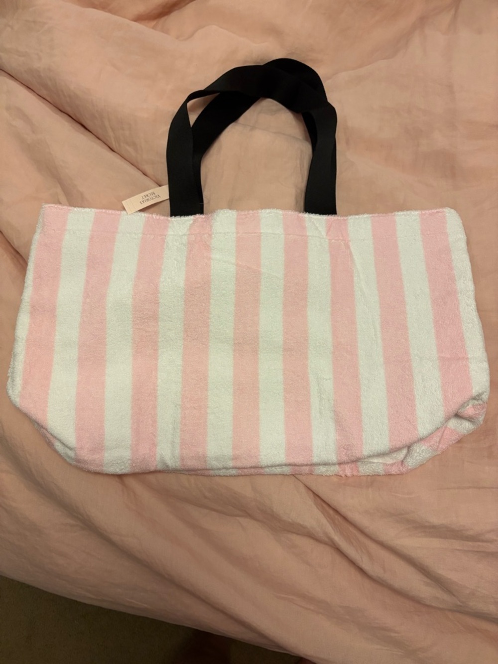 Victoria's Secret Pink & White Striped Terry Cloth Tote with Black Handles - Picture 2 of 3